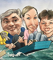 caricature commission painting of family in a boat