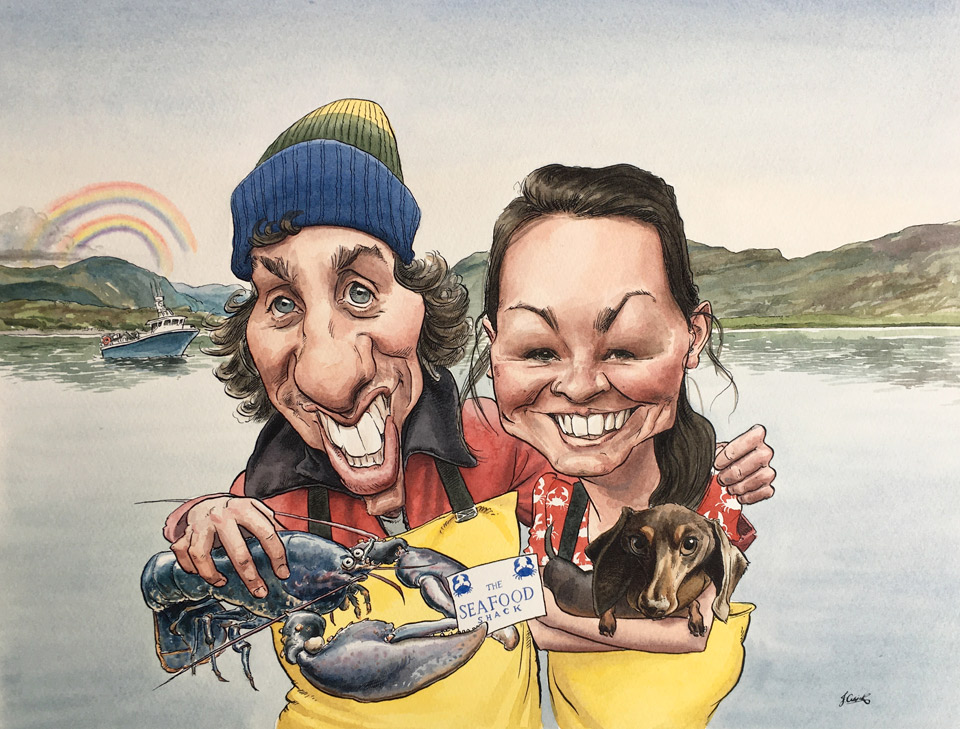 caricature commission of scottish business- ink and watercolour from photos- jonathan cusick