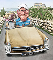 caricature commissioned for birthday gift- vintage mercedes and dog