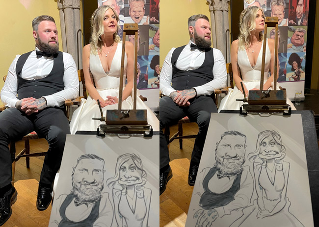 photos showing drawing by caricaturist of bride and groom at a wedding at COombe Abbey