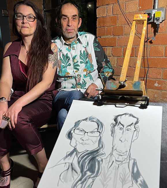 Caricature drawing of guests at corporate christmas party in Derby, at the Museum of Making
