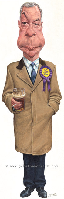 caricature of Ukip leader Nigel Farage with pint of beer and cigarette. political cartoon by jonathan cusick