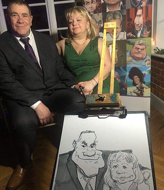 caricature drawing of guests at a new year's eve wedding in Shropshire