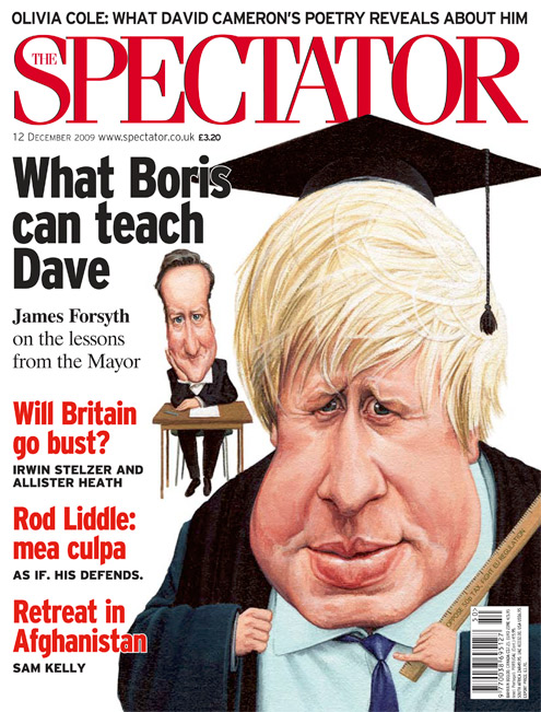  caricature of prime minister Boris Johnson and David Cameron. cartoon for the spectator by caricaturist jonathan cusick