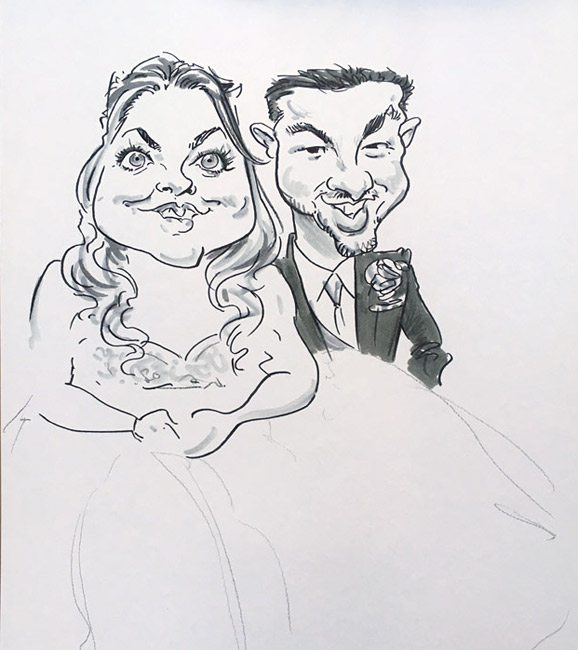 Bride and Groom caricature drawing- caricaturist for hire in The Cotswolds