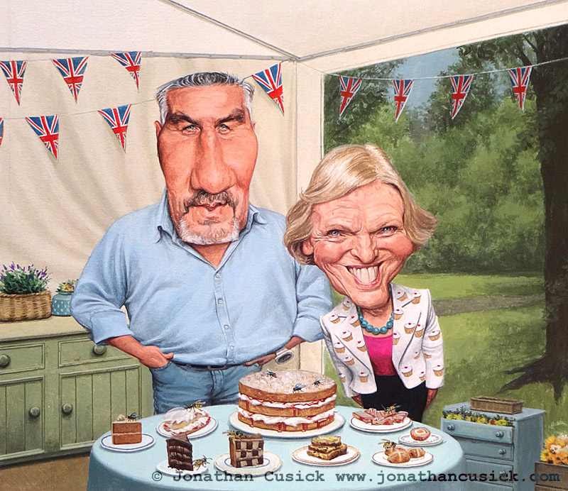  Paul Hollywood and Mary berry TV Chef great british bake off caricature illustration by caricaturist JOnathan Cusick