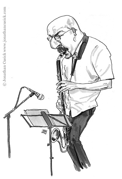 sketchbook drawing of bass clarinet player at jazz performance