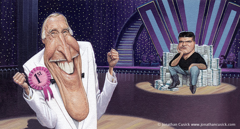 caricature by jonathan cusick of Bruce Forsyth and simon cowell. Strictly come dancing and x factor.