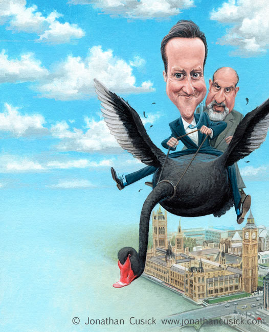 spectator political cartoon cover; caricatures of David Cameron and Nassim Nicolas Taleb over westminster
