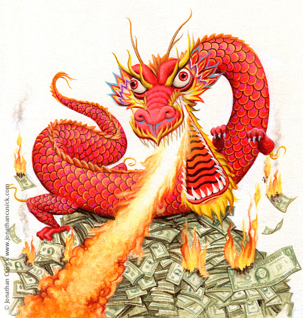 Chinese dragon cartoon. Cover illustration for Spectator Magazine by Jonathan CUsick.