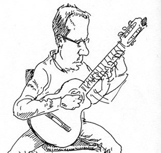 Pen and ink sketchbook drawings of musicians, guitarists, jazz groups and singers in a cartoon style. Examples of live drawing by UK cartoonist