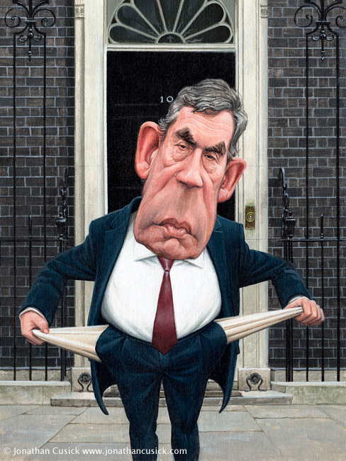 Political Caricature, political cartoon of Gordon Brown credit crunch by caricaturist jonathan cusick