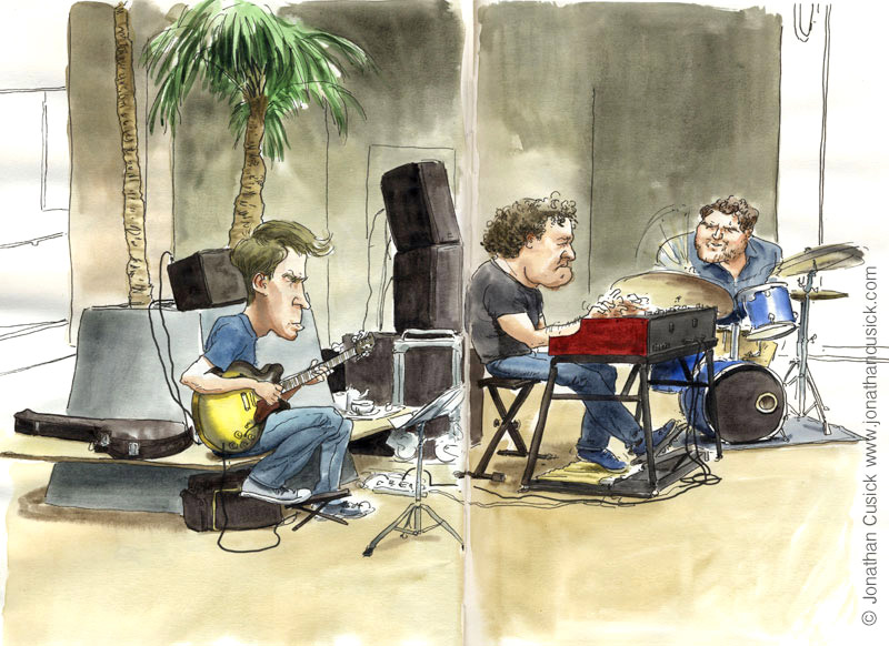 drawing in sketchbook of organ trio by jazz illustrator jonathan cusick