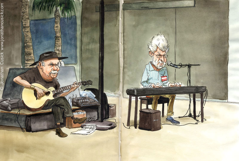 drawing of Bob Hall and Dave Peabody at jazz festival by jazz illustrator
