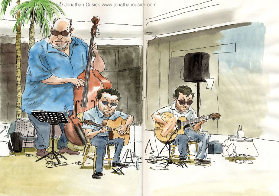 sketchbook drawing, ink and watercolour, of gypsy jazz guitarists at Birmingham Jazz Festival 2013