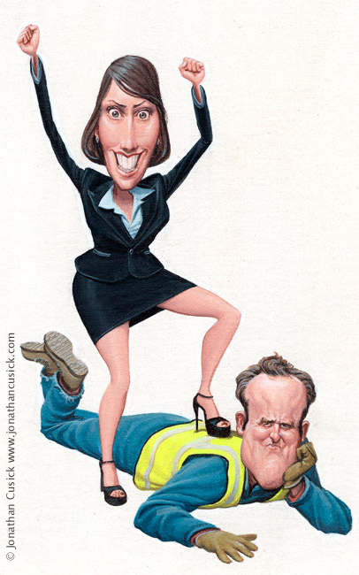 magazine cover illustration by cartoonist jonathan cusick. Female office worker and male blue collar worker