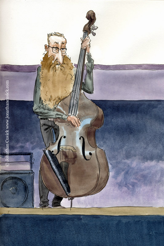 Drawing by illustrator of Rex Horan, bassist with Neil Cowley Trio