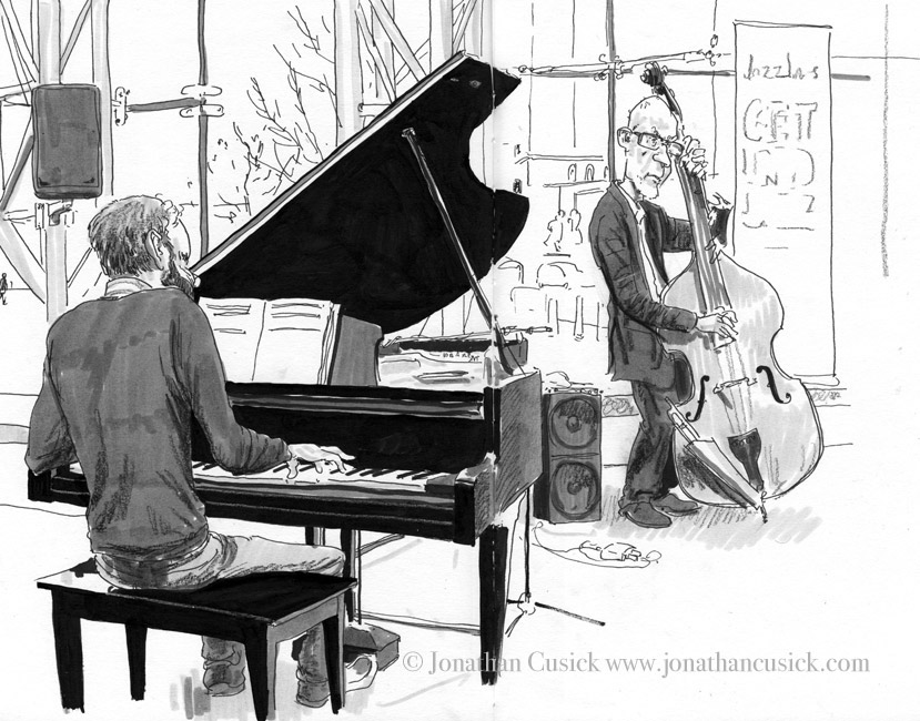drawing in sketchbook of jazz pianist and bassist 
