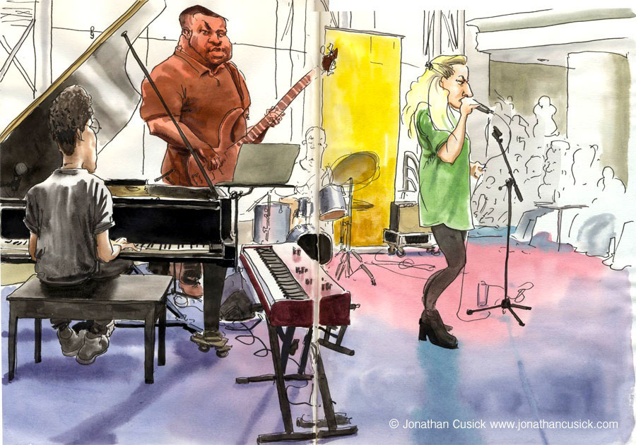 drawing by jazz illustrator of Reuben James at jazz gig