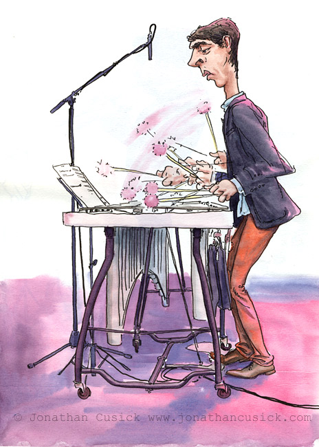 Sketchbook drawing by caricaturist Jonathan Cusick of Jim Hart playing Jazz Vibes at a gig