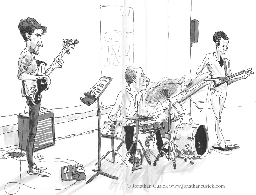 drawing of Asaf Serkis trio in illustrator's sketchbook