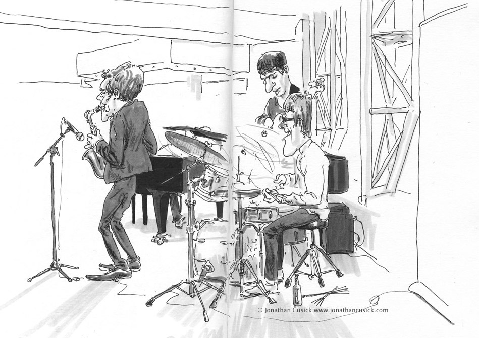 drawing in sketchbook of jazz quartet by Jonathan Cusick