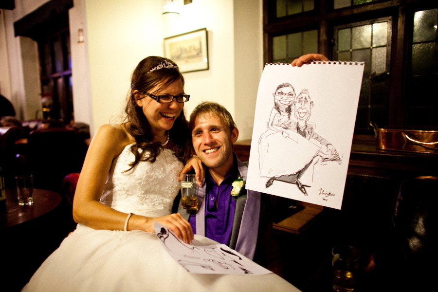 Bride and Groom caricature drawn in Shrewsbury, Shropshire by JOnathan Cusick wedding caricaturist