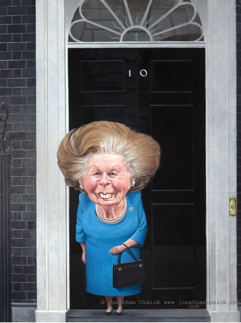 political cartoon of Margaret THatcher by caricaturist Jonathan Cusick, UK