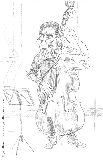 jazz illustration- drawing of bass palyer made live during gig