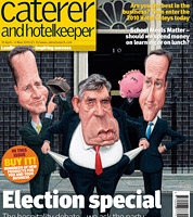 political cartoon for election issue of Caterer magazine. caricatures of clegg, cameron and brown for prime minister