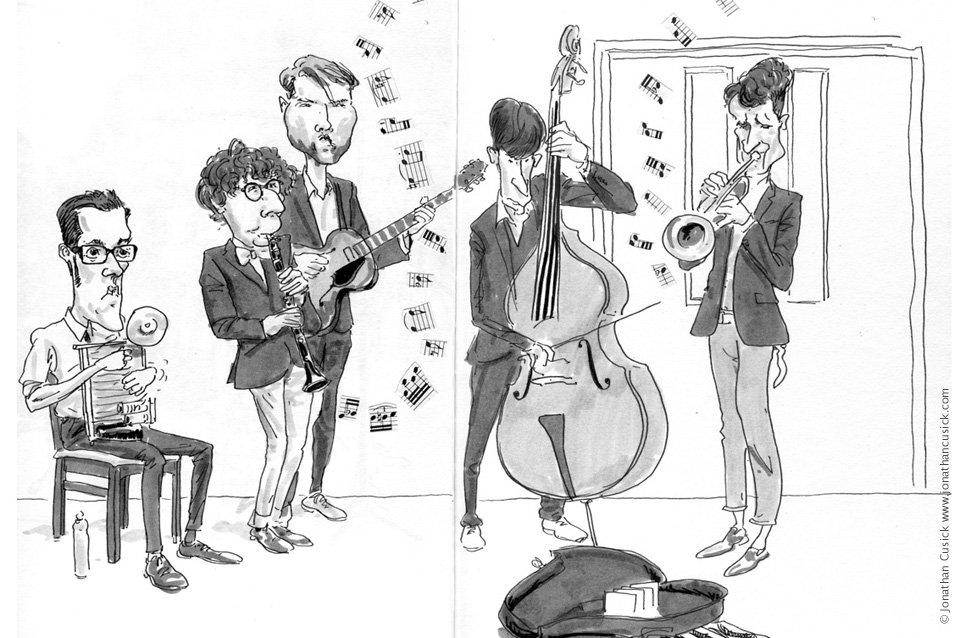 sketchbook drawing of traditional jazz band the Dixie Ticklers performing at Birmingham Jazz Festival