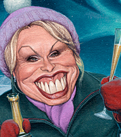 Painting by british caricaturist Jonathan Cusick of joanna lumley- find a caricature illustrator