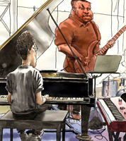 sketchbook drawing by jazz illustrator of pianist Reuben James