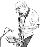 sketchbook drawing of bass clarinettist at jazz gig