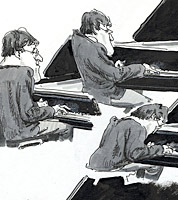 drawings of jazz pianist in illustrator's sketchbook