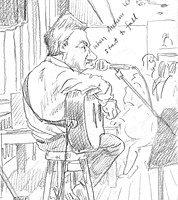 drawing in sketchbook of an open mic performer in pencil