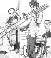 reportage drawing by illustrator of jazz trombonist quartet