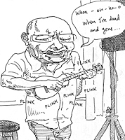 caricaturist sketchbook drawing of ukulele singer