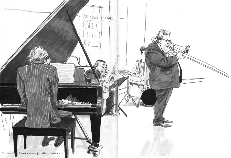 caricature sketchbook drawing of jazz quartet