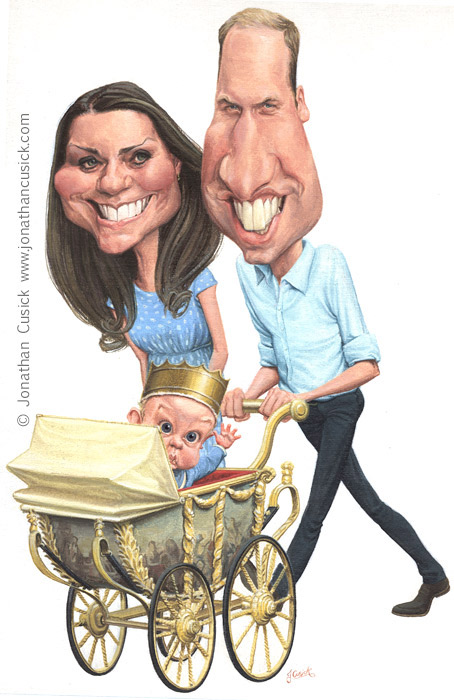 caricature illustration of william and kate middelton, prince george. Royal baby cartoon