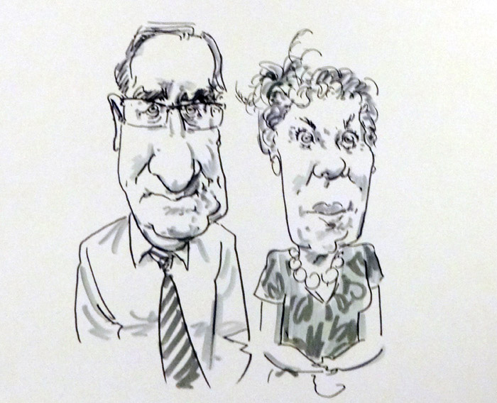 wedding guest live caricature drawing in oen and ink, by caricaturist Jonathan Cusick in Worcestershire